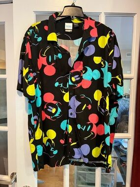 Disney Black Button-Down Shirt with Neon Mickey Print